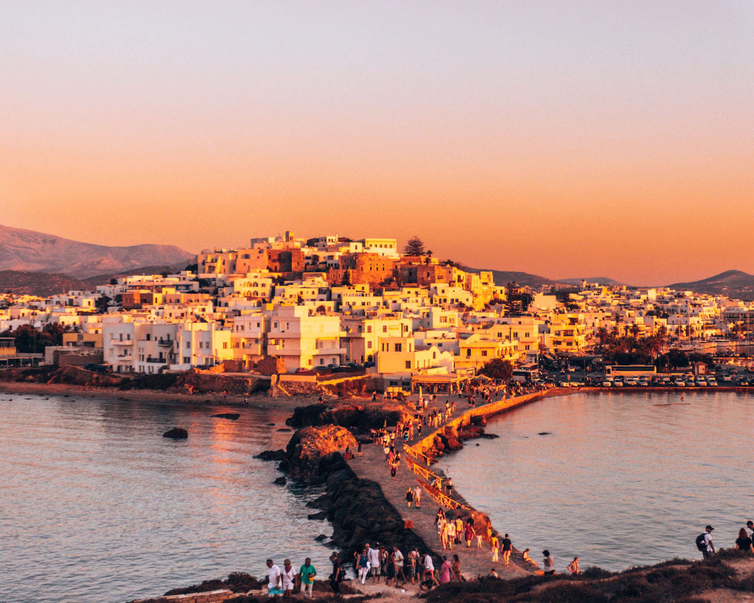 Sunset in Naxos Greece, over the old town of Chora