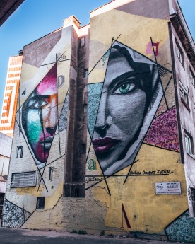 Street art of 2 women's faces in Bratislava, Slovakia