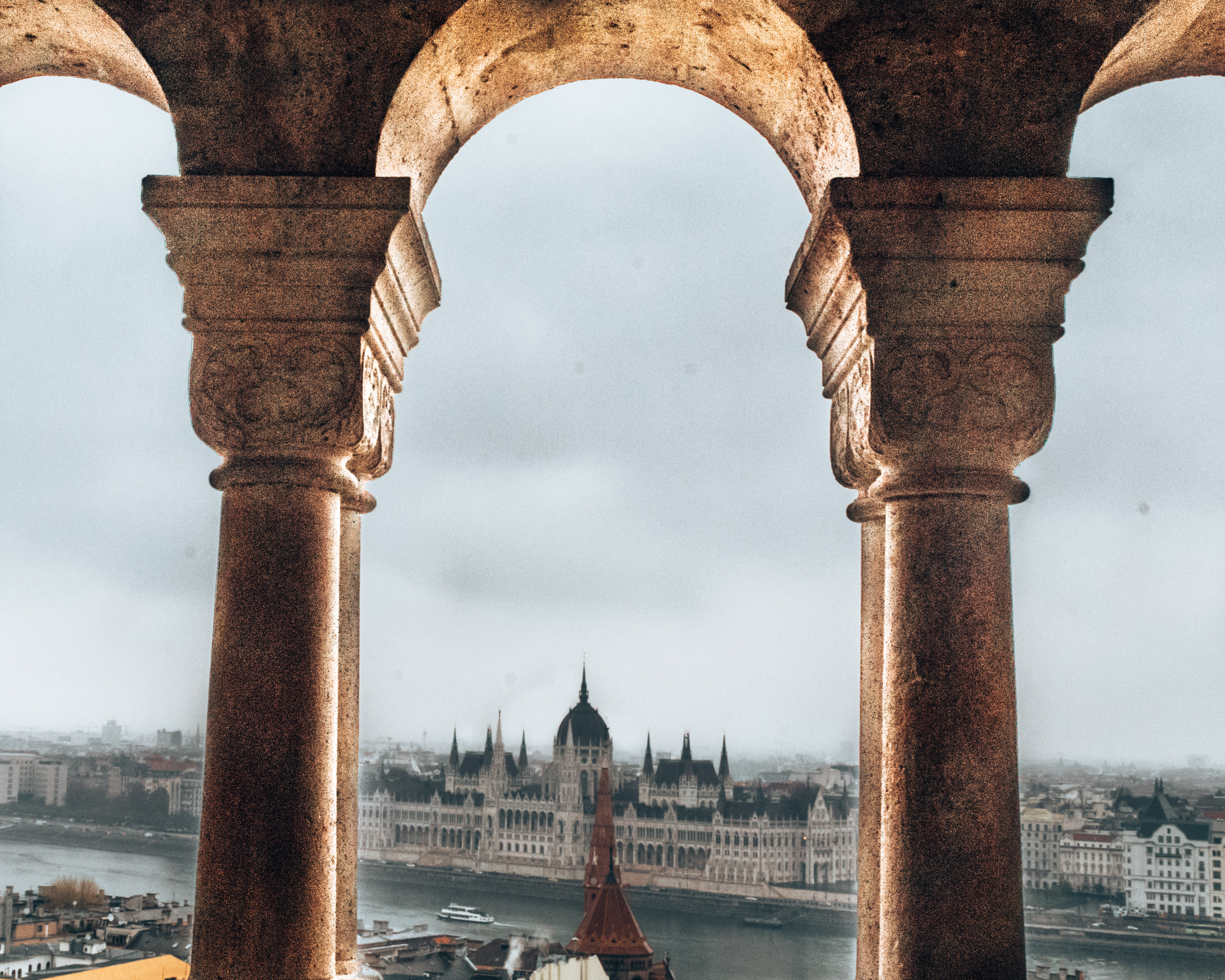 A view of the Hungarian Parliament Building from the Fishermans Bastion in Budapest, Hungary