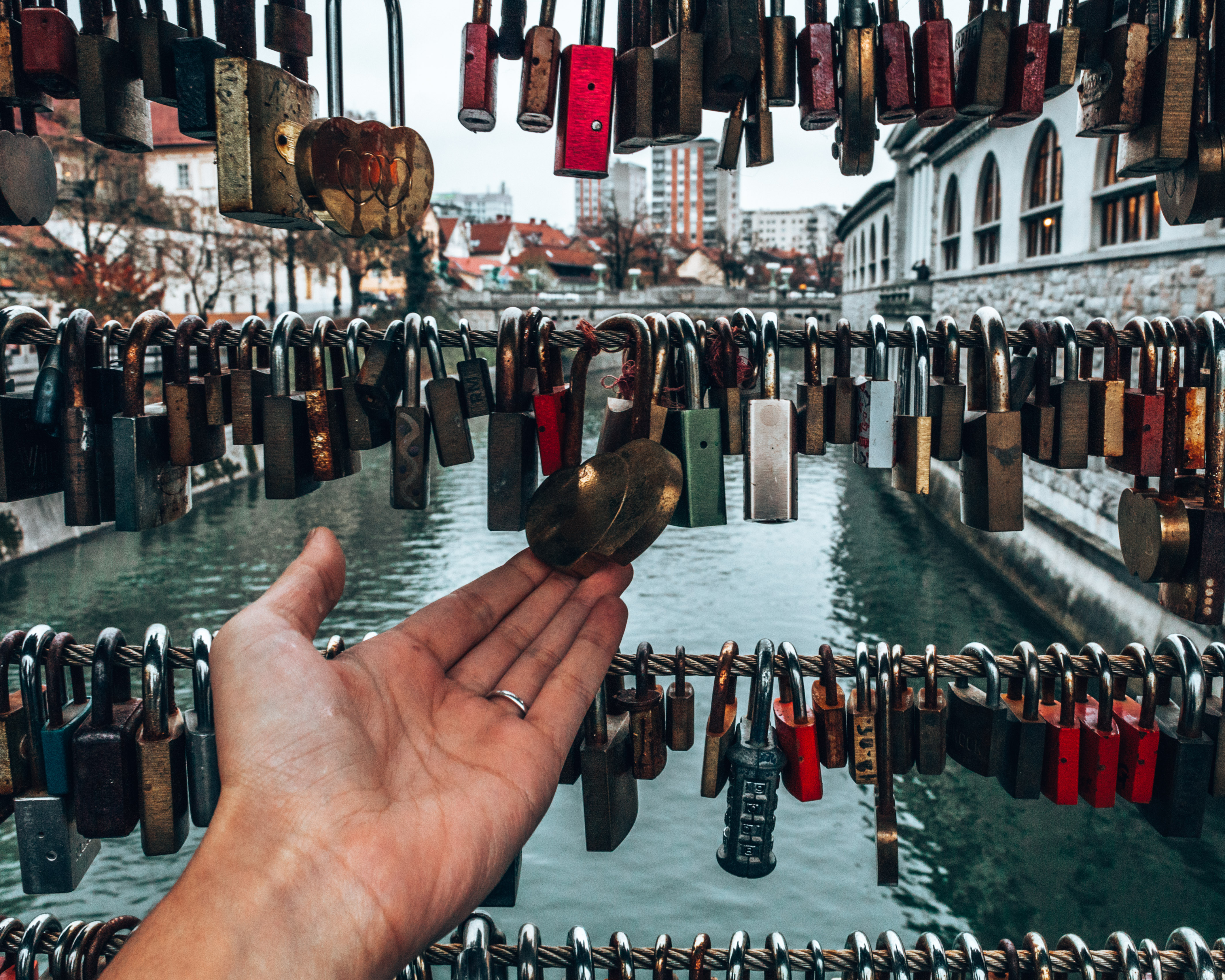 Locks on the bridge of love in Ljubljana, Slovenia