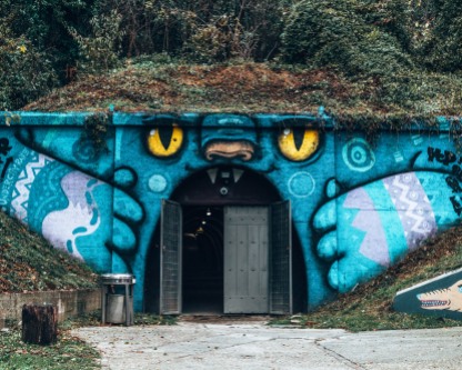 Cat mural tunnel in the Art Park in Zagreb, Croatia