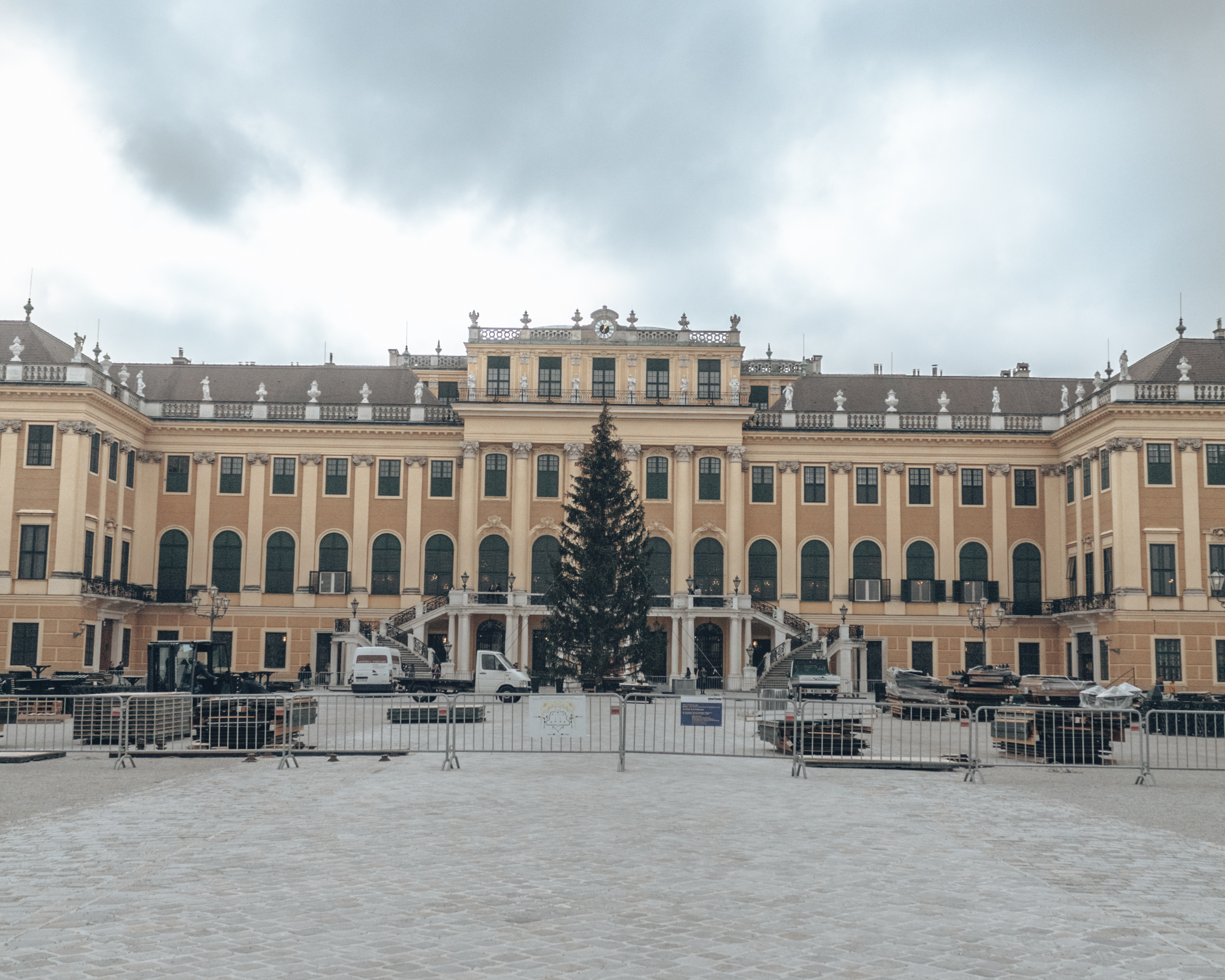 Setting up the Christmas tree in front of the Schönbrunn Palace in Vienna, Austria
