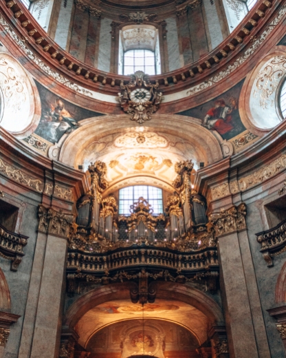 The organ inside St-Peters church in Vienna, Austria