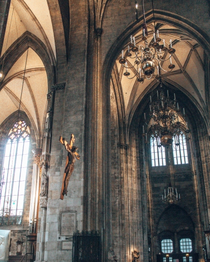 The hanging crucifix inside St-Stephen's Cathedra in Vienna, Austria