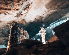 Stalagmites in a cave in Halong Bay Vietnam